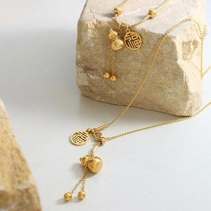 Gold plated stainless steel necklace with calabash pendant and Fu character coin
