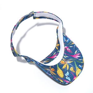 Detail of floral visor hat featuring tropical rainforest patterns and adjustable velcro strap