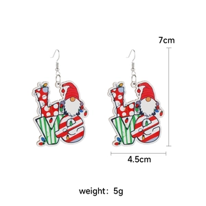 Detail view of 7cm Christmas Gnome earrings with LOVE letters and festive patterns
