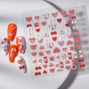 5D relief heart and bow nail stickers set with 3D embossed red and white patterns