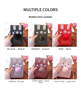 Close-up of rabbit-shaped mini crossbody bags in six colors with decorative ears