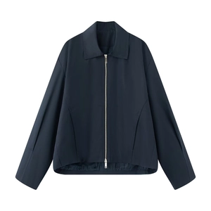 Minimalist navy blue zip-up jacket for women with shirt collar and elastic hem details
