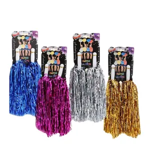 Metallic cheerleader pom-poms with plastic handles in blue, red, gold and silver