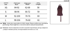 Size chart for halter backless top showing measurements in cm for XS to L sizes