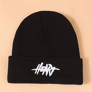 Classic black knitted beanie hat with white HEART embroidery in a minimalist Korean style