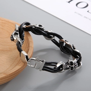 Edelstahl-Skull-Armband im Punk-Stil mit geflochtenem schwarzem Leder und Totenkopf-Motiv
