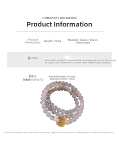 Detail specifications of moonstone and rose bracelet showing weight 29.6g and 53.2cm length