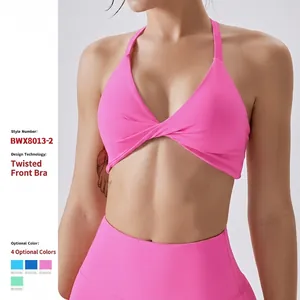Women Seamless Nylon Sports Bra Top Twisted Detail Crisscross Back High Elastic Nude Feel Activewear For Gym Running