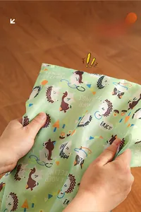 Macro shot of hands squeezing the green pet crinkle toy with hedgehog and cat prints