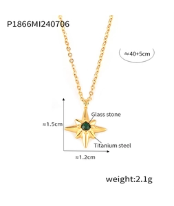 Detail showing dimensions of star pendant necklace with green stone in titanium steel