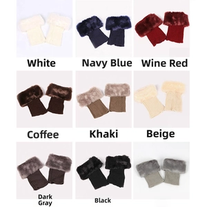 Detailed grid view of knitted leg warmers with faux fur trim in nine various colors