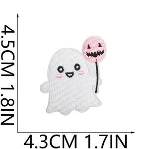 Detailed embroidery patch of a ghost holding a pink balloon for Halloween decor