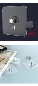 Close-up of transparent adhesive wall screw hook with metal nut for no-drill mounting