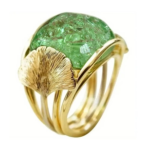 Elegant gold ginkgo leaf ring featuring a large square green textured emerald stone