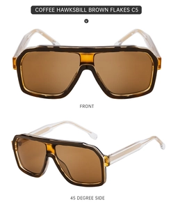 Detail view of coffee hawksbill brown square sunglasses with metal core temples