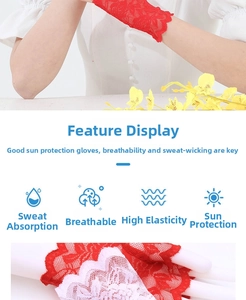 Detail view of lace sun protection gloves with breathable mesh and elastic wave edges