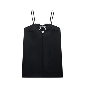 Mini Vestido De Tirantes Spaghetti Lazo De Strass Cintura Alta Sin Mangas Negro Línea A Dulce Elegante Para Mujeres