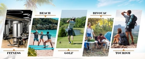 Men's linen hooded shirt shown in fitness, beach, golf, camping, and hiking settings