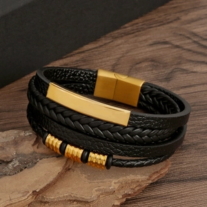 Men's multilayer black braided leather bracelet with gold plate and magnetic clasp