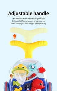 Close-up of baby walker showing the adjustable handle and colorful activity panel