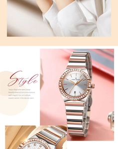 Detailed view of silver and rose gold watch band with 62 zircon stones and date window