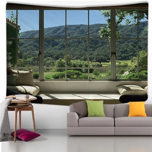 Detailed wall tapestry showing a realistic mountain forest view through a faux window frame