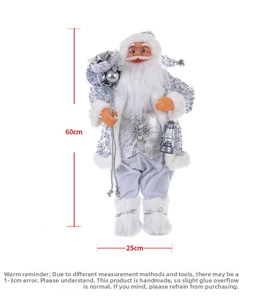 Detail of 60cm silver sequin Santa figurine holding a lantern and gift bag