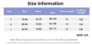 Detailed size chart for off-shoulder maxi dress including bust, waist, and hips measurements