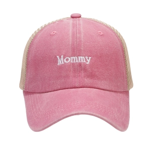Vintage washed pink Mommy embroidery baseball cap with breathable mesh back in front view