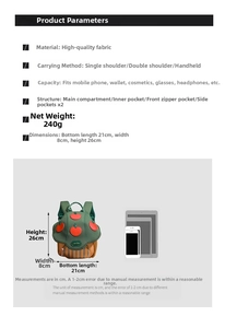Detailed size chart and dimensions for green apple cartoon backpack for kids