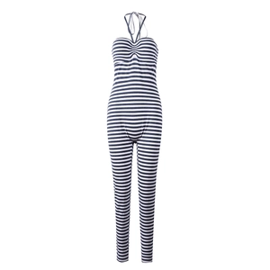 Close-up of blue and white striped halter bodysuit with knit texture and tie neck details