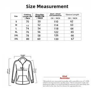 Size guide table for men's hooded jacket showing chest, length, shoulder, and sleeve metrics