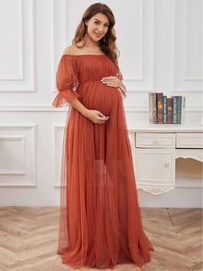 Off-Shoulder Tulle Maternity Maxi Dress Elegant Puff Sleeve Evening Gown Solid Color Mesh Gown For Pregnant Women