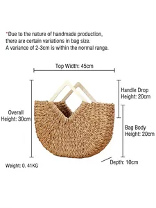 Handwoven straw beach bag with gold thread and wooden handle, sized 45x30x10cm