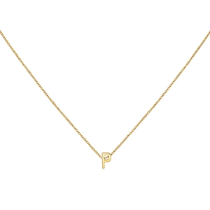 Detailed view of the polished 18K gold letter P pendant on a fine link chain necklace