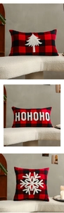Detailed embroidery of white Christmas tree, snowflakes and HOHOHO text on red plaid cushions