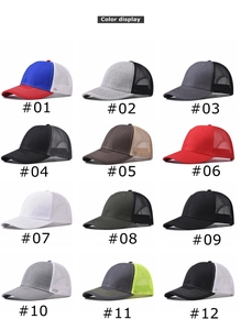 Matrix display of twelve multi-color mesh trucker caps with curved brims and breathable back