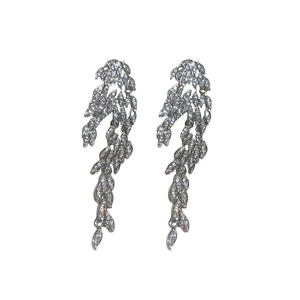 Elegant silver tassel feather earrings with rhinestones for a luxury party look