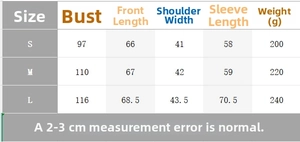 Detailed sizing chart for women's casual long sleeve top with bust and length measurements