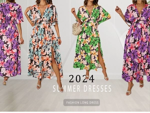 Blumenkleider mit V-Ausschnitt, hoher Taille und Schlitz für den Sommer 2024 im Set