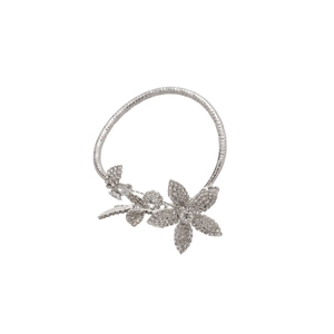 Elegant silver flower cuff bracelet with sparkling crystal rhinestones and textured band