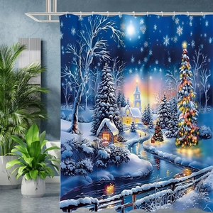 Detail showing Christmas shower curtain with winter snow cabin scene and metal eyelets