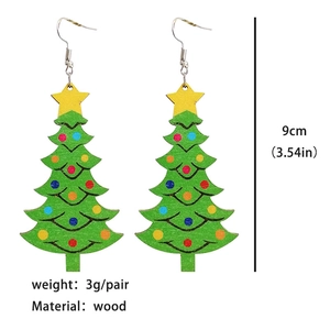 Green wooden Christmas tree earrings with colorful beads and yellow star detail