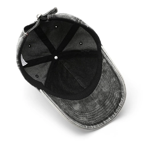 Deep grey distressed cotton baseball cap with adjustable metal buckle and inner structure