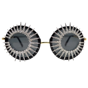 Vintage round black sunglasses with silver rhinestones and gold metal frames