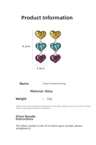 Detail view showing alloy heart tassel earrings with dimensions 4.1cm by 1.3cm