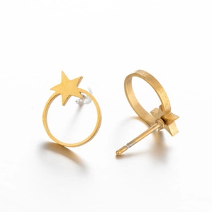 Minimalist gold star and circle stud earrings with a brushed metal finish and ear plugs