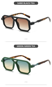 Detail view of stylish dual-bridge sunglasses in sand black and green gradient lenses