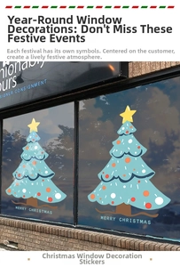 Blue Christmas tree window stickers with Merry Christmas lettering on glass storefront