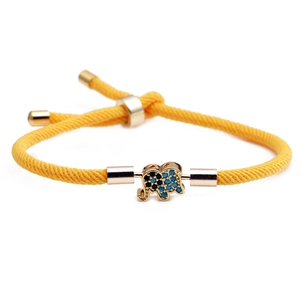 Adjustable yellow braided rope bracelet featuring a gold elephant charm with blue accents